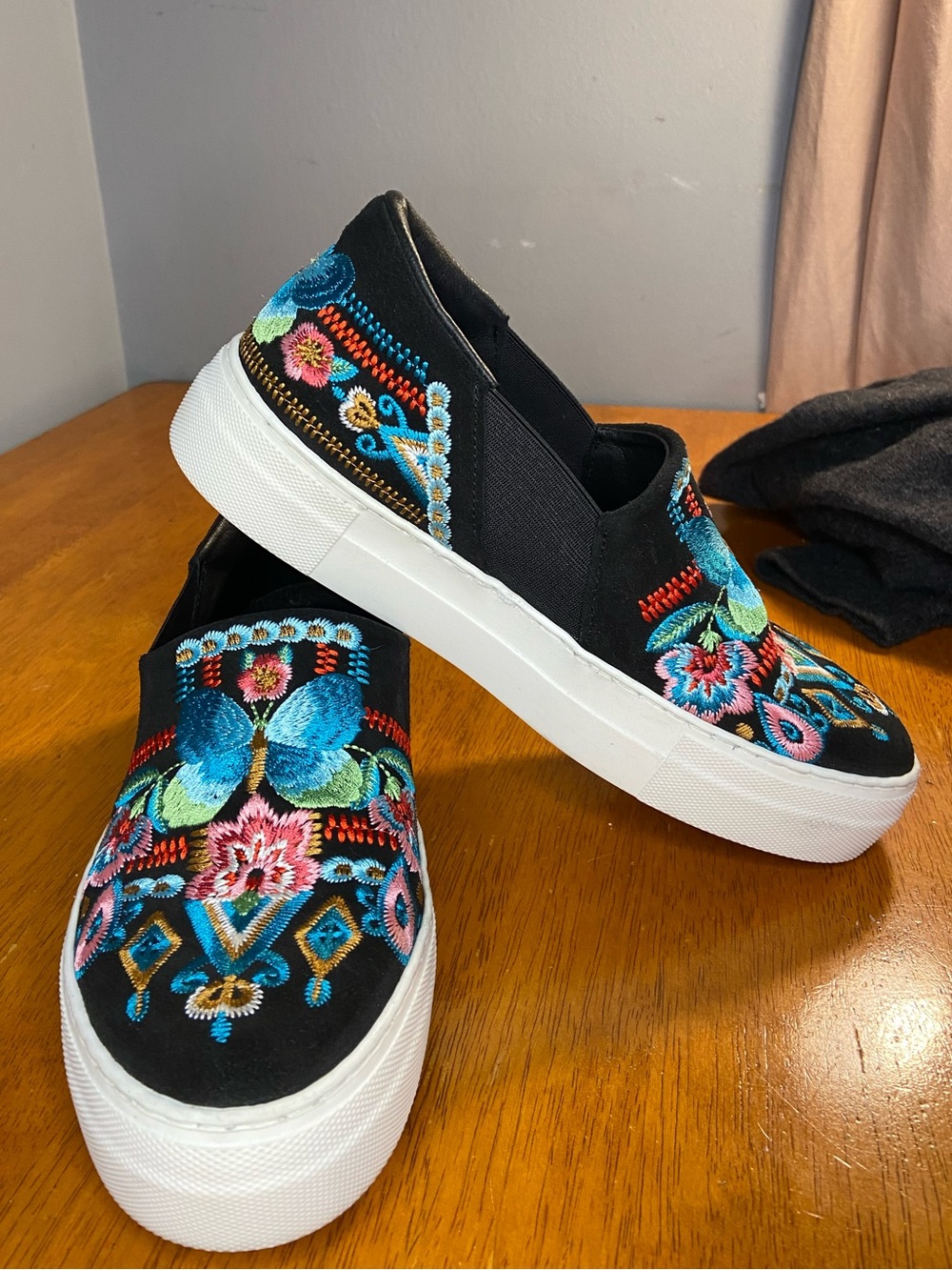 Johnny Was Black Slip-On Sneakers with Turquoise Butterfly Embroidery - Picture 3 of 12